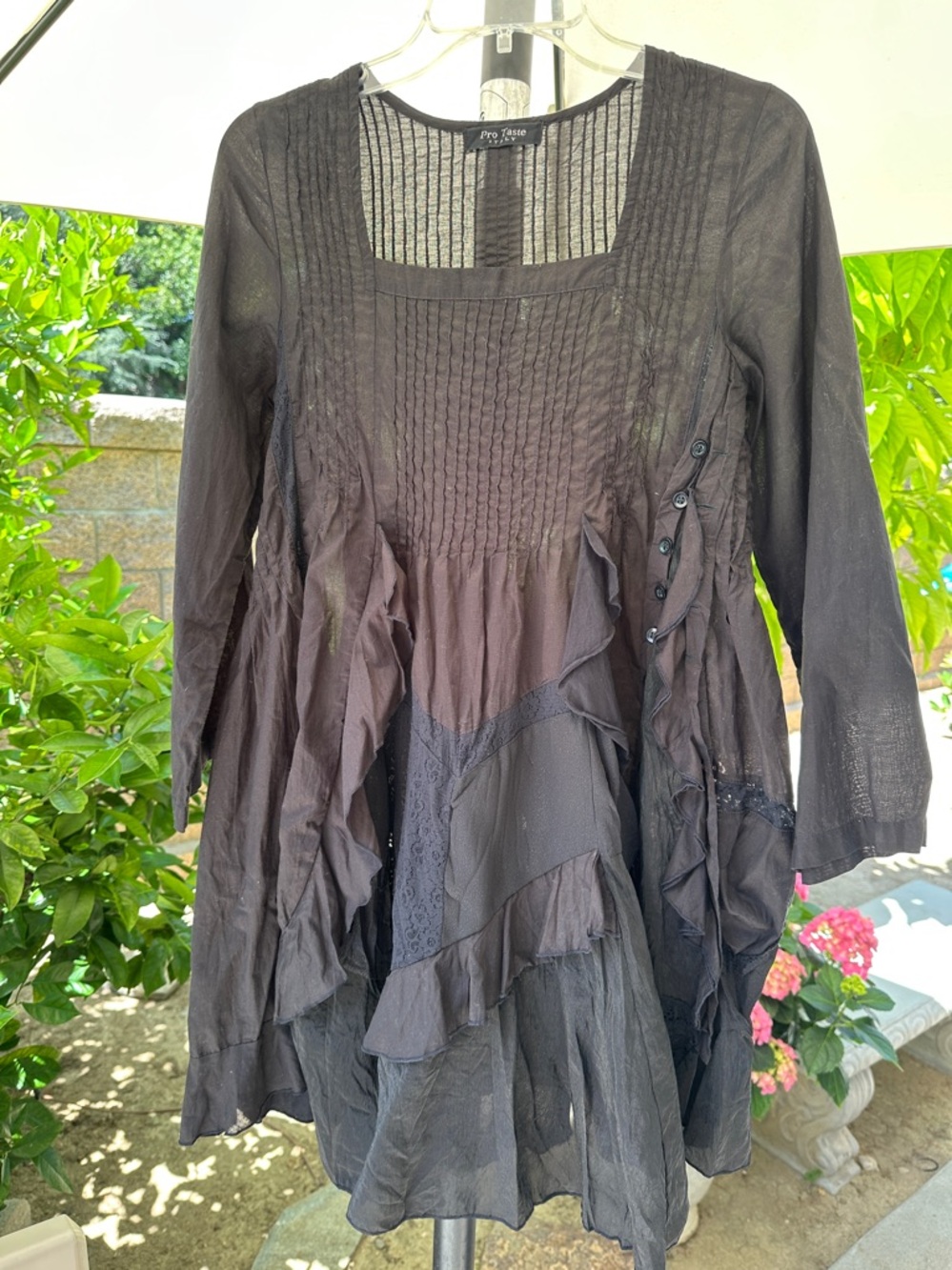 Black Flare Tiered Ruffle Long Sleeve Cotton Tunic Dress with Lace Details L/XL